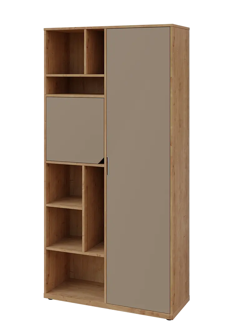 KSR6-83 P skříň šatní, 1x výsuvné ramínko, dvířka, niky, 2053x1022x400 mm, provedení pravé, dub lite/latte